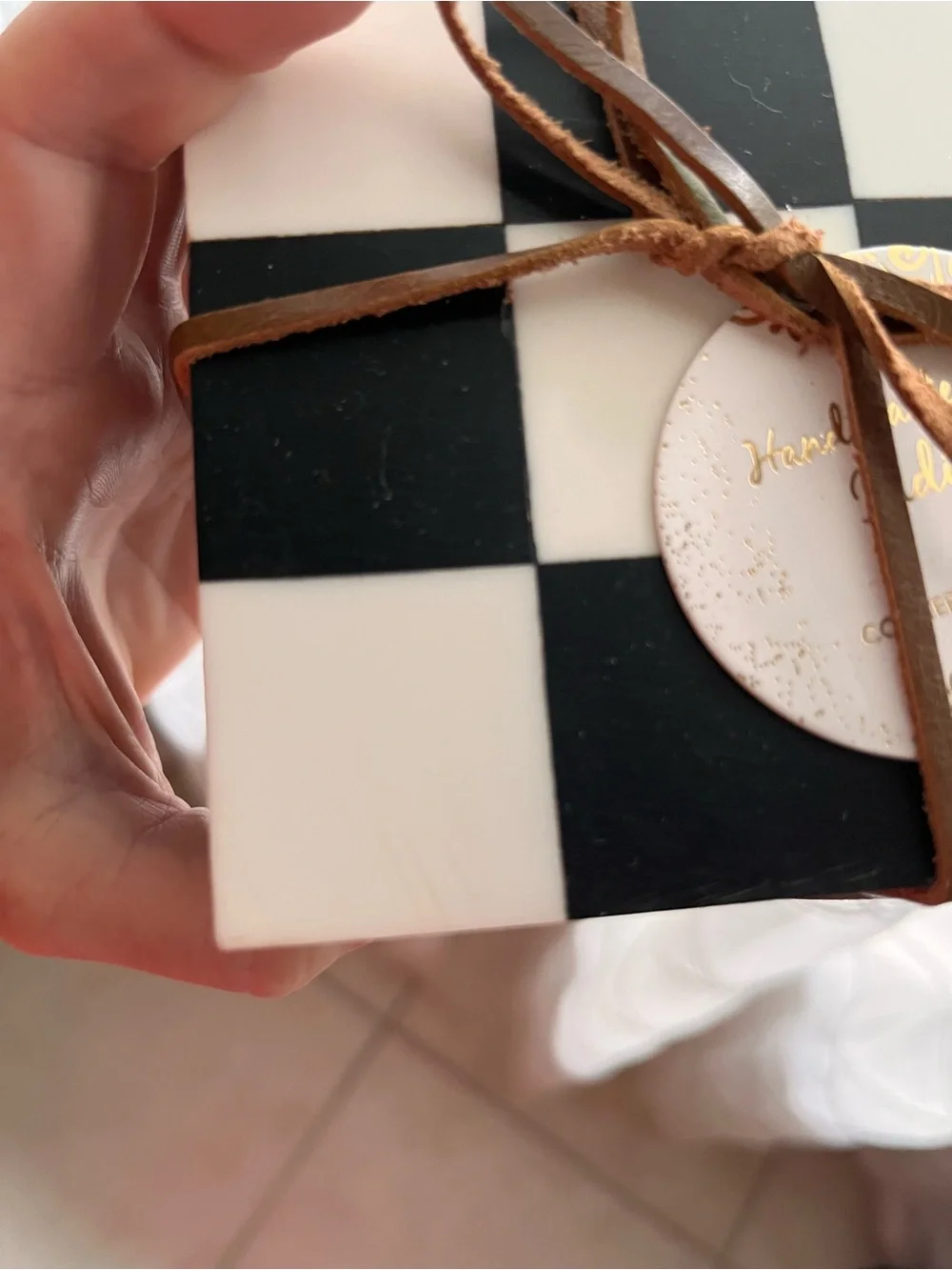 Checkerboard Coaster Set with Brown Trim - White & Black